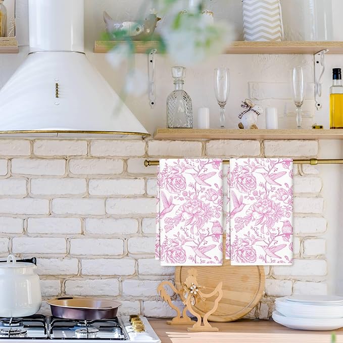 Pink Floral Kitchen Towel Flower Birds Dish Towel 18 x 28 Inch Hand Drying Tea Towel for Cooking Baking Party Supplies, 2Pcs