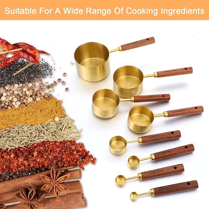 8Pcs Measuring Cups and Spoons Set, Gold Stainless Steel Measuring Cups with Wooden Handle, Nesting Measure Spoons and Cup Kitchen Measure Set for Kitchen/Food/Baking