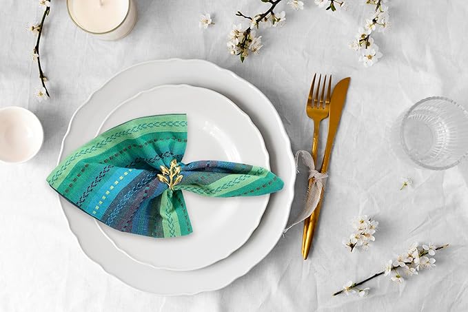 ACCENTHOME 100% Cotton Salsa Stripe Napkin Set of 12 18x18 inch Blue/Teal Multicolour Dinner Napkins - Washable Soft Premium Hotel Quality Napkins Perfect Table Linen for Family Dinners Weddings