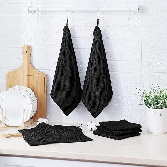 100% Cotton Waffle Weave Kitchen Towels, 6 Pack Dish Cloths for Washing Dishes, Ultra Soft Absorbent Dish Towels, Quick Drying Kitchen Rags, 12x12 Inches, Black
