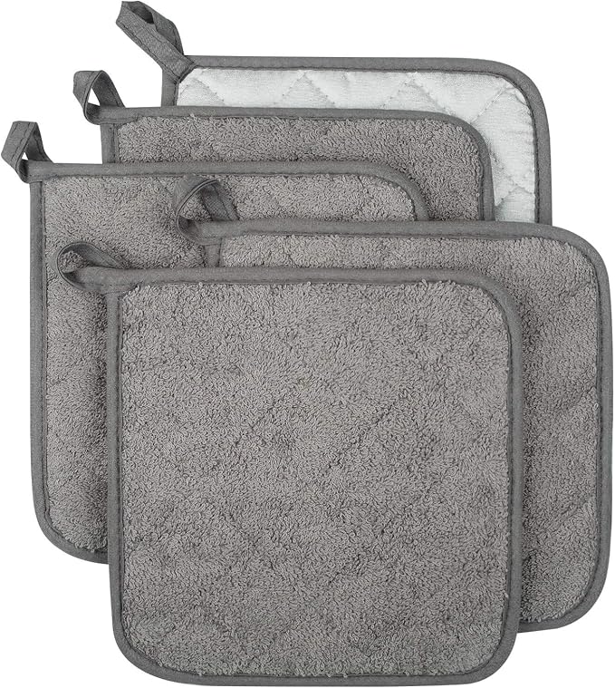 100% Cotton Kitchen Everyday Basic Terry Pot Holder Heat Resistant Coaster Potholder for Cooking and Baking Set of 5 Grey