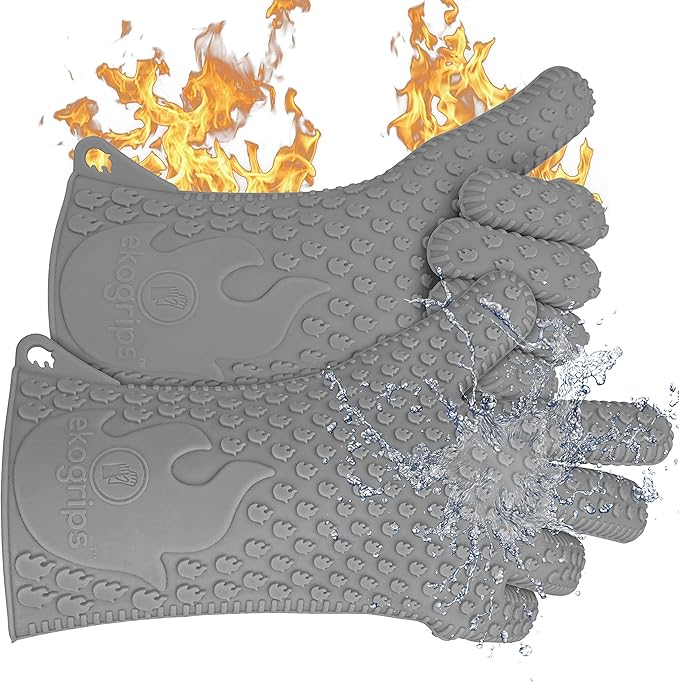 Jolly Green Products Ekogrips Premium Grilling Gloves Heat Resistant BBQ Gloves for Indoor and Outdoor Cooking, Meat Handling Gloves, Kitchen Oven Gloves with Fingers, Silicone Oven Mitts - Grey