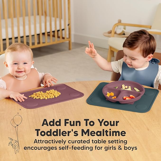 KeaBabies 2pk Silicone Placemats for Toddlers, Kids - 12x9 Non Slip Suction Baby Silicone Placemat for Restaurants, Dining Table,Travel, Easy to Clean, Food Grade/BPA-Free,Small Baby Table Mat(Rocky)