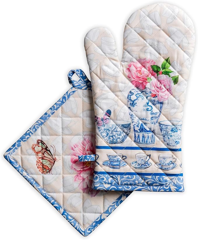Maison d' Hermine 100% Cotton Oven Mitt & Pot Holder Set (7.5"x13" & 8"x8") Heat Resistant BBQ Cooking Gloves with Loop Baking Grilling Kitchen Gifts for Mothers Day Spring/Summer (Canton)