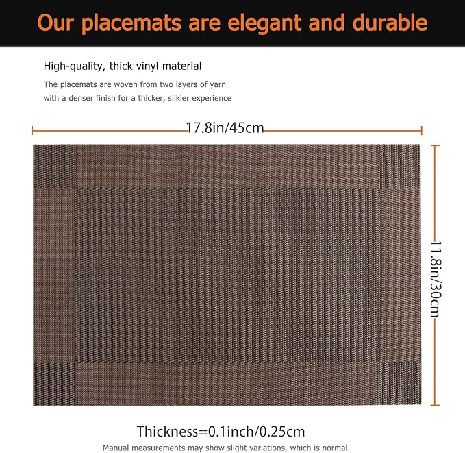 Placemats Set of 6 Washable&Wipeable Place mats for Dining Table Kitchen Indoor Outdoor Table Mats Heat Resistant Non Slip Woven Vinyl Table Placemats (Brown，6PCS)
