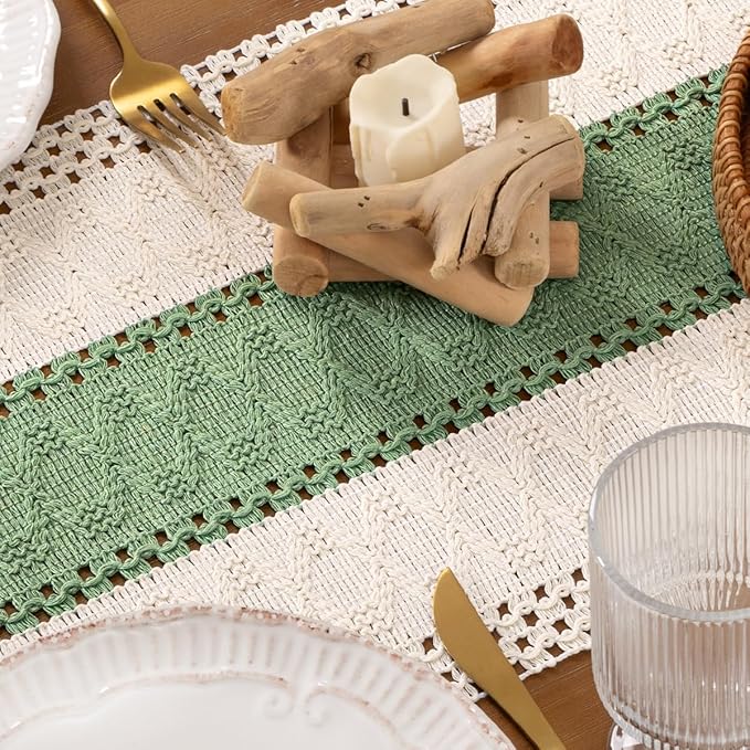 DeZerlor Boho Macrame Table Runner Spring Easter Farmhouse Woven Table Runner with Tassels 72 Inches Ivory& Sage Green Cotton Linen Kitchen Table Decor for Dining Dresser Home Tea Table Decor