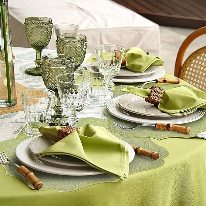 Linen Placemats Set of 4, Sage Green Embroidered Place Mats 16x18 Inch, Scalloped Edge Washable Fabric Table Mats, Wavy Shape Table Decor for Wedding Baby Shower Party Dining Room