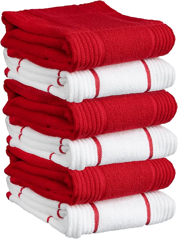 T-Fal Solid & Checked Parquet Kitchen Towels: Highly Absorbent, Super Soft Long Lasting - 100% Cotton, 16"x26" Dish Towels for Cleaning & Drying Dishes, Pans, Glassware, Countertops, 6-Pack, Red