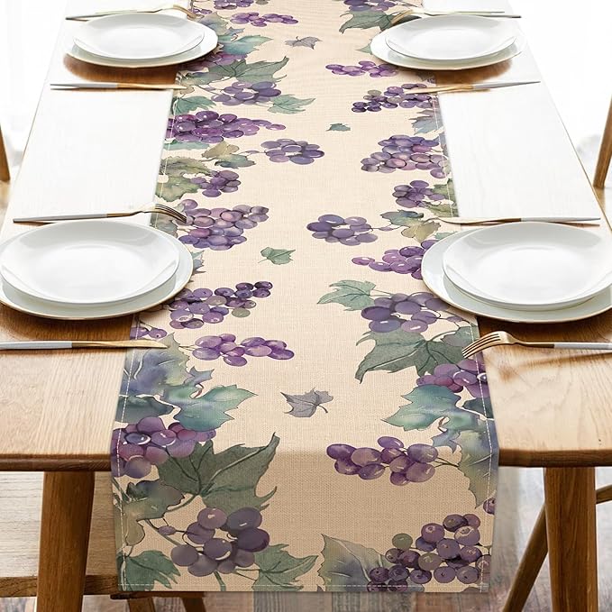 Watercolor Grapes Table Runner, Sweet Fruit Kitchen Dining Table Decoration, Spring Summer Burlap Indoor Outdoor Home Decor Party Supply 13 x 90 Inches