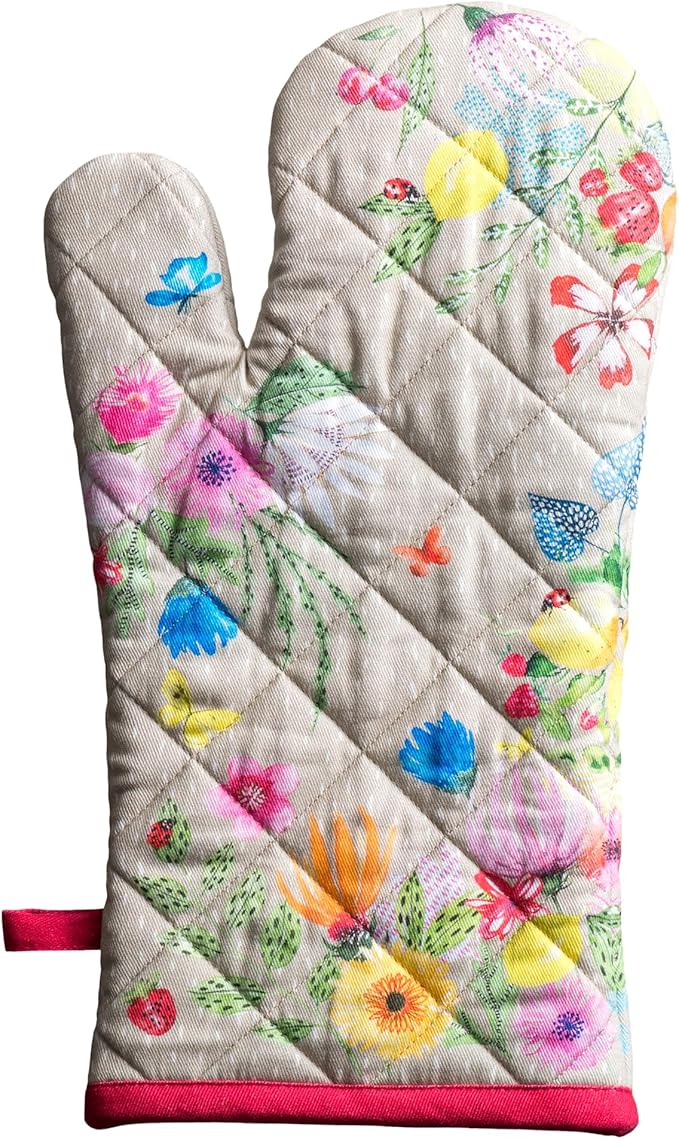 Maison d'Hermine Oven Gloves 100% Cotton Oven Mitt 7" x 13" with Loop Heat Resistant BBQ Cooking Gloves Baking Grilling Gifts for Mothers Day Spring/Summer (Pack of 1, Jardin D'Ete - Fog)
