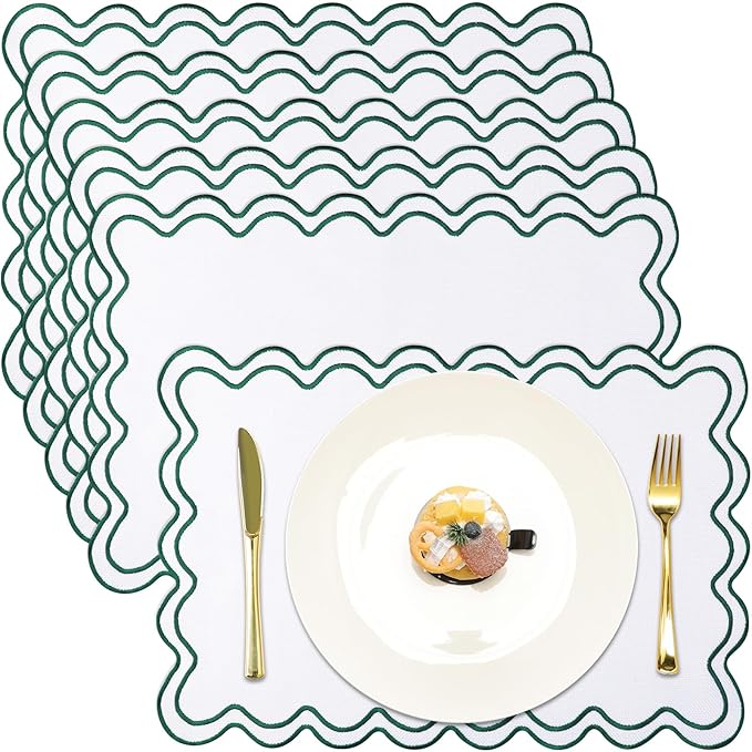 HunnmingRe Set of 6 Cotton Linen Placemats, 13x19 Inch Scalloped Wavy Embroidery Placemat Double Layered Washable Rustic Rectangle Dinner Table Mats for Wedding Home Decor(White with Dark Green)