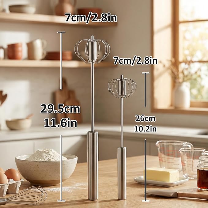 Li&Zhao Semi Automatic Whisk-2-Pack Stainless Steel Hand Push Rotary Egg Whisk and Manual Egg Beater for Blending Frothing Stirring Durable Metal Whisk for Kitchen Coffee Baking