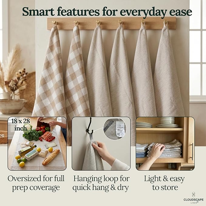 CLOUDSCAPE Kitchen Towels Set of 6 : Cotton-Blended Dish Cloths, Waffle Weave Quick-Drying Dish Towels for Kitchen Essentials, Highly Absorbent, Durable 18”x28” Hand Towels with Hanging Loop - Beige