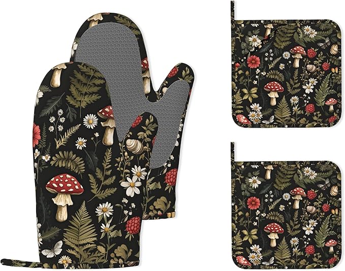 Mushroom Heat-Resistant Silicone Oven Mitts and Pot Holders,Herb Plant Berry Butterfly Long Oven Gloves with Non-Slip Grip for Cooking, Baking, Grilling,BBQ
