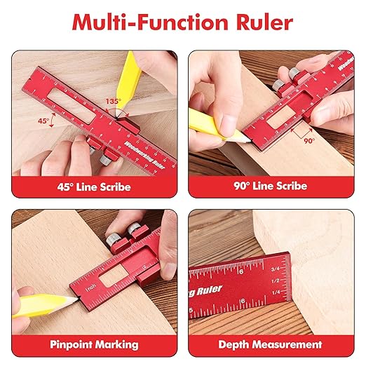 3PCS Woodworking Ruler Set, Precision Pocket Ruler with Adjustable Slide Stop, Aluminum Alloy Measuring Tool for Marking & Scribing, Metal T-Track Square Rulers, Inch and Metric (6", 8", 12")