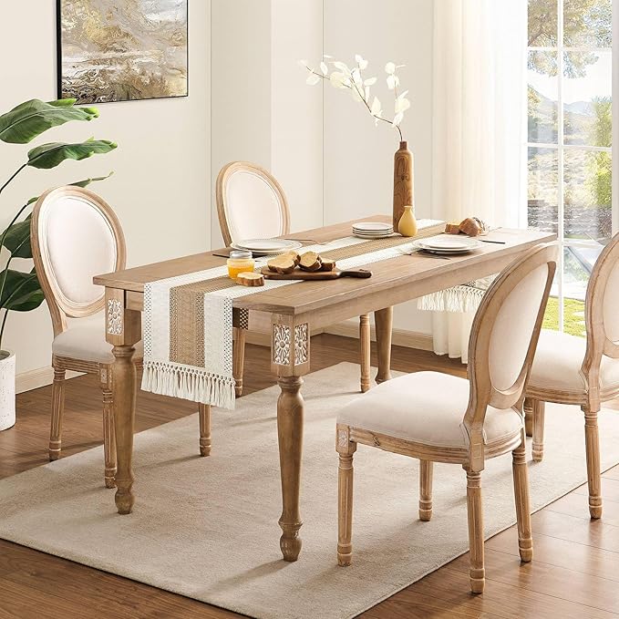 ZeeMart Macrame Style Bicolor Stitching Table Runner, 14 x 108 Inch Brown/Ivory, Boho Neutral Table Runners 108 Inches Long, Farmhouse Woven Home Decor