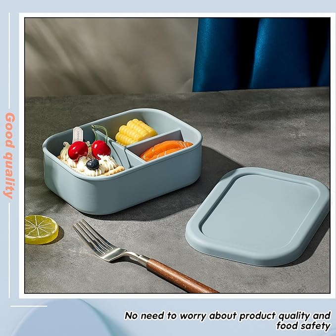 Layhit 1 Pcs Silicone Bento Box for Adults, 27 oz Bento Lunch Container Reusable 3 Compartment Lunchable Food Container for Women Men, Leak Proof Microwave Dishwasher Freezer Safe (Gray Blue)