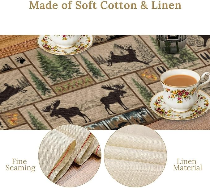 Rustic Cabin Table Runner Forest Bear Deer Wildlife Country Hunting Camping Art Printed Dinner Runner for Home Kitchen Dining Table Decor Fabric 1 Panel W13xL60in