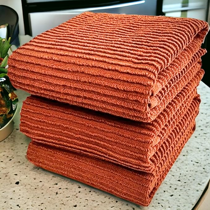 Serafina Home Kitchen Dish Towels for Hands Drying Cleaning Burnt Orange Rust 100% Cotton Soft Cloth Absorbent Terry Loop, Set of 3 Multipurpose Everyday Use Large Oversized 18" x 28"