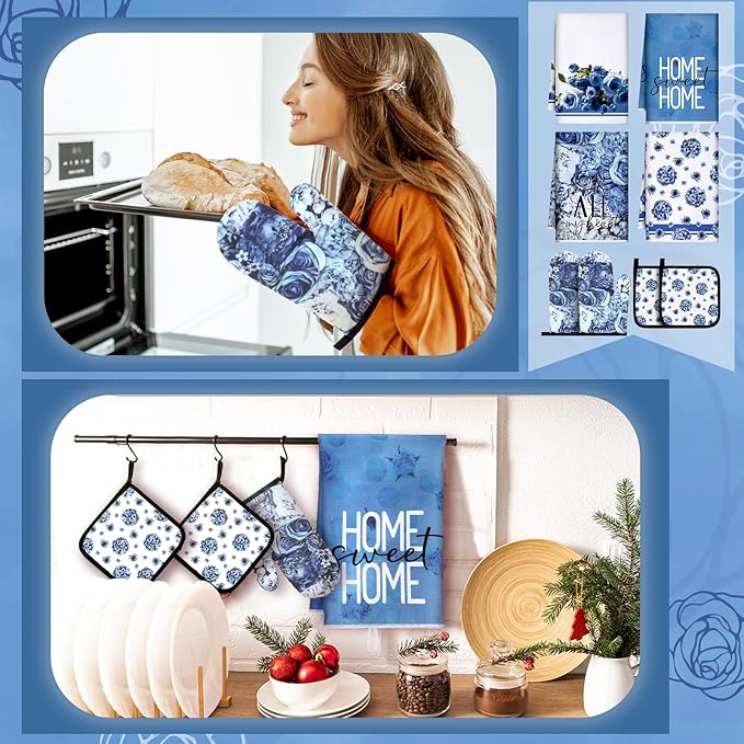 Leinuosen 8 Pcs Blue Rose Kitchen Towels and Dishcloths Sets Oven Mitts and Pot Holders Sets Absorbent Kitchen Gloves Potholders Heat Resistant for Chef Baking Cooking