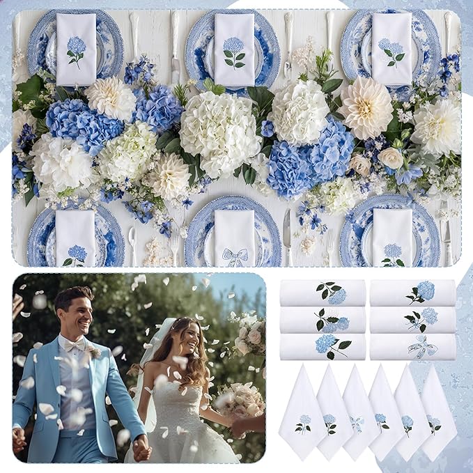 HunnmingRe 12 Pcs Blue Hydrangea Cloth Napkins Bulks 100% Cotton Spring Floral Dinner Tea Party Cocktail Napkins Embroidered Handtowel Country French Reusable Washable for Kitchen Weddings 17x17inch