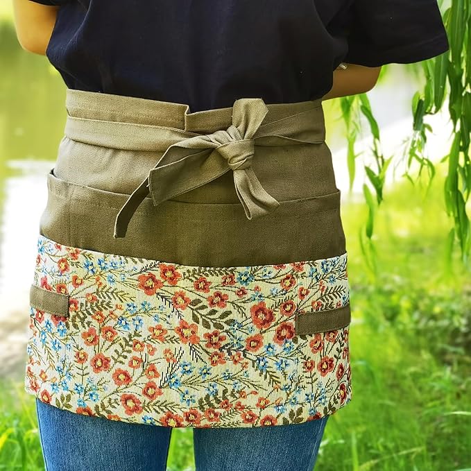 Garden Apron for Woman, Serve Apron Cute, Flora Half Apron with 8 Pockets, Valentines Gift for Mom Wife Girlfriend