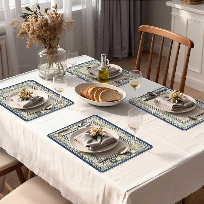 Vinyl Placemats Set of 4-12x17 Inch - Heat Resistant Washable Place Mats Waterproof Non-Slip Wipeable Table Mats for Dining Table Decor, Indoor/Outdoor Plastic Mat