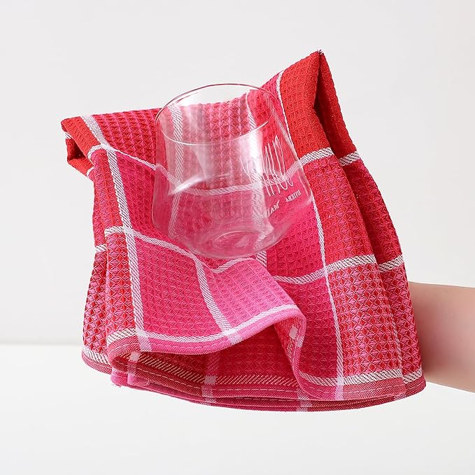 Bright Large Kitchen Towels, 4-Pack, 16 Inch x 26 Inch Buffalo Check Dish Towels for Washing Drying Dishes, Colorful Waffle Design Tea Towel Bar Towel (Pink)