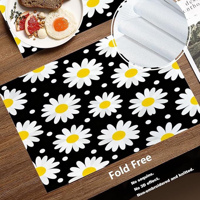 Batmerry Daisy Black White Placemats, Texture Circle Doodle Tiny Flowers Beauty Washable Linen Table Mats for Kitchen Table Double Insulation Decor Dining Set Indoor Outdoor 12X18 in Set of 6
