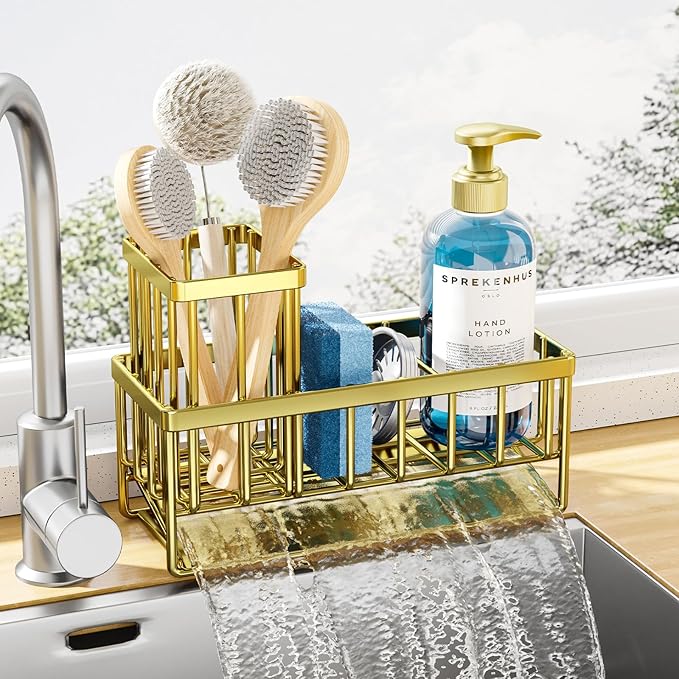Kitsure Sponge Holder for Kitchen Sink - Rustproof Stainless Steel Sink Caddy Organization and Storage Essentials with High Brush Holder, Home Decor Accessories, 7.9" x 3.7" x 6.2", Gold