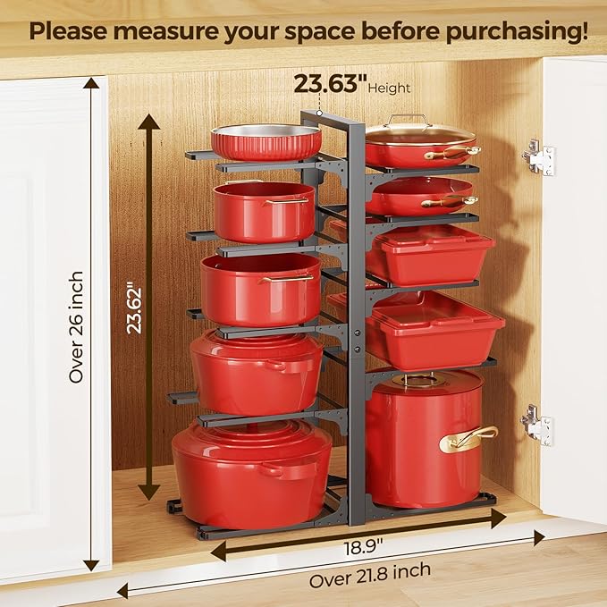 LAMU 10-Tier Pots and Pans Organizer under Cabinet, 23.62" Height Heavy Duty Pots Pans Organizer Rack for inside Cabinet Adjustable for Big Stockpots, Dutch Oven, Cast-iron Pans, Heavy Cookware