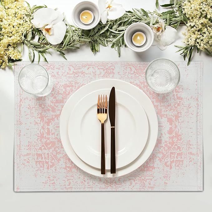 aportt Gray Pink Boho Placemats Set of 6 Ethnic Bohemian Carpet Place Mats Washable Kitchen Dining Vintage Grey Geography Floral Linen Table Mats Stain Heat-Resistant for Home Party Indoor 12x18 in