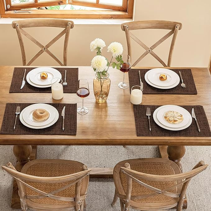 Blue Forest Placemats Set of 6, Dual-Layered Thickened Faux Linen Cloth Place Mats Heat Resistant Machine Washable Wrinkle Free Table Mats Indoor/Outdoor (Brown)