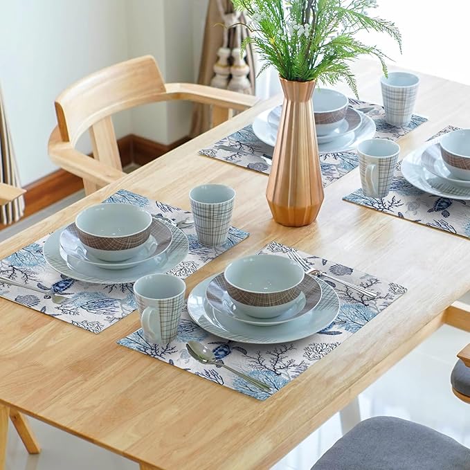 Giwawa Blue Sea Turtles Placemats Set of 4 Coastal Ocean Tortoise Coral Starfish Linen Place Mat 12"x18" Nautical Beach Themed Stain Resistant Table Mats for Kitchen Dining Season Party Decor
