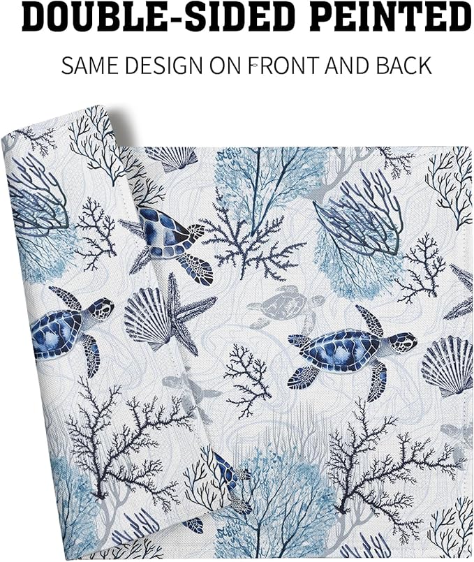 Giwawa Blue Sea Turtles Placemats Set of 4 Coastal Ocean Tortoise Coral Starfish Linen Place Mat 12"x18" Nautical Beach Themed Stain Resistant Table Mats for Kitchen Dining Season Party Decor