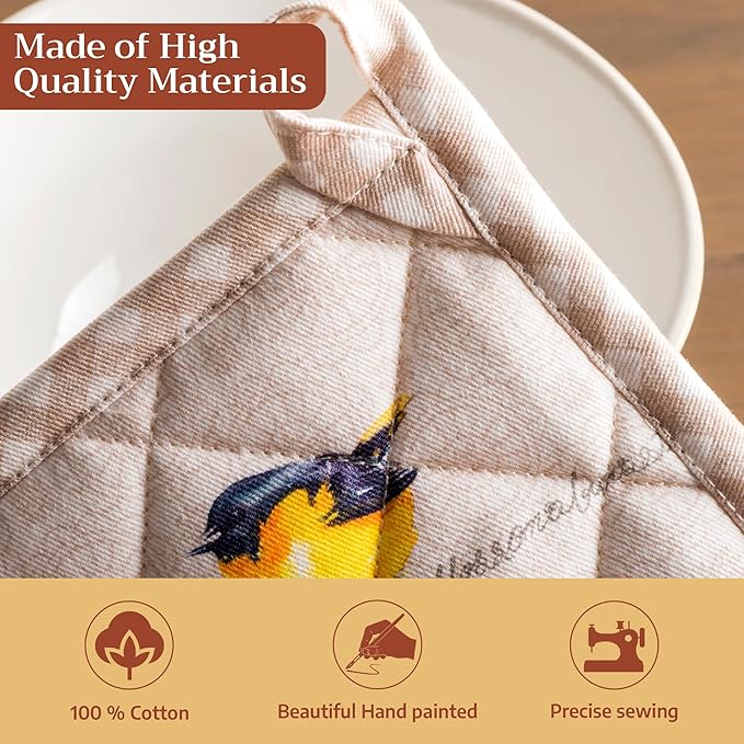 Maison d' Hermine 100% Cotton Oven Mitt & Pot Holder Set (7.5"x13" & 8"x8") Heat Resistant Cooking Gloves with Loop Baking Grilling Kitchen Gifts for Mothers Day Spring/Summer (Birdies on Wire)