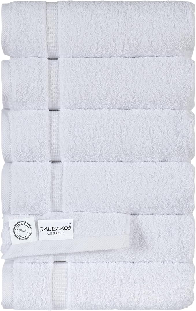 SALBAKOS 100% Turkish Cotton Hand Towels Set White, Pack of 6, 16x30 in | Luxury Hotel Quality Super Soft Absorbent Hair, Face & Hand Drying Towel for Bathroom | Made in Turkey (White, 6 Hand Towels)