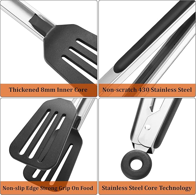 3 PCS Kitchen Tongs with Silicone Tips, 9 & 12-Inch Heat Resistant Silicone Tongs for Cooking Stainless Steel Spaghetti Tong Pasta Tong for Serving Food, Spaghetti, Pasta, BBQ, Salad (3 PCS)