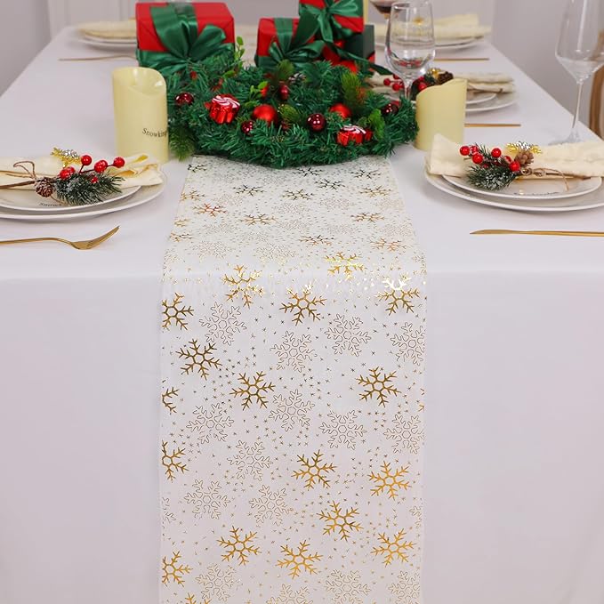Snowkingdom Christmas Snowflake Gold Table Runner 11 Inch x 49 Feet Sparkly Gold Foil Glitter Metallic Mesh Runners Dining Table Decorations for Seasonal Winter Xmas Festival Holiday Home Party
