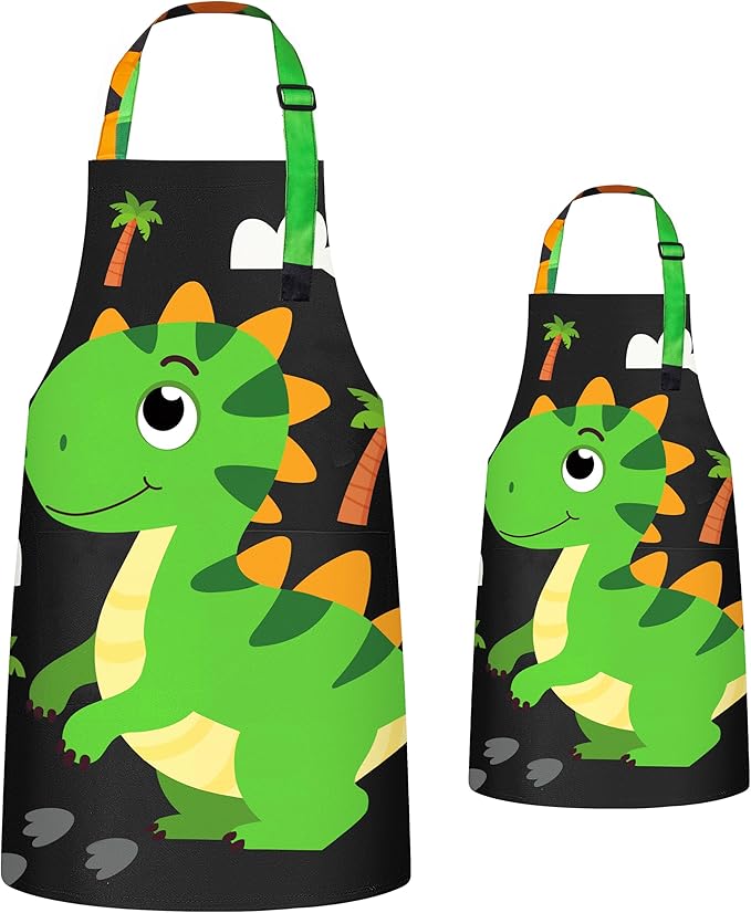 R HORSE 2Pcs Adults Kids Matching Apron Set, Dinosaur Theme Parent and Child Adjustable Kitchen Matching Apron, Funny Cooking Birthday Gift for Women Men Kid Cooking Baking Painting Gardening