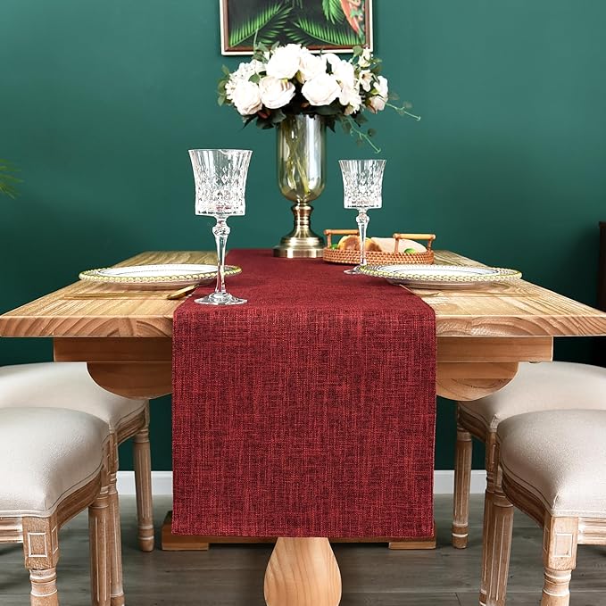 Farmhouse Rustic Faux Linen Table Runner Neutral Burgundy Table Runners Double Layer Reversible Rectangle Runners for Daily Use Kitchen Dining Banquet Holiday 13x60 Inch