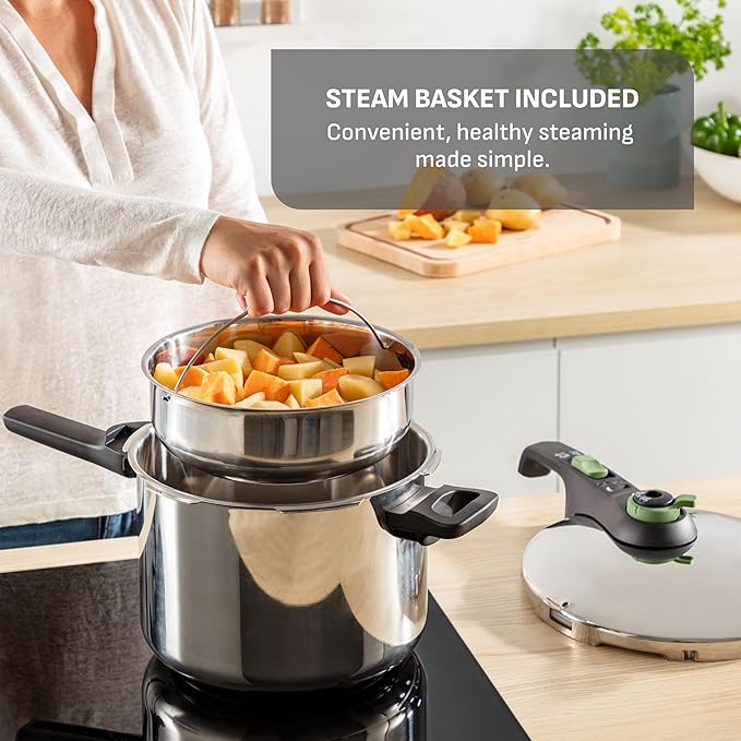 T-Fal Secure Stainless Steel Pressure Cooker, 6.3 Quart, Steam Basket, Induction, Secure Locking System, Easy and Safe Opening, Compatible with All Cooktops, Dishwasher Safe, Silver