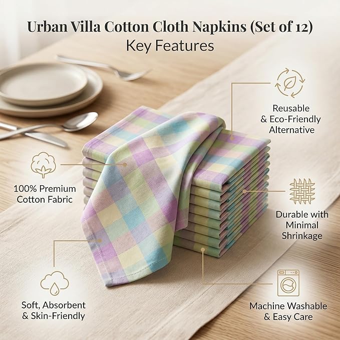 Urban Villa Cloth Napkins Set of 12 20x20 Inches 100% Cotton Napkins Cloth Washable Soft Durable Reusable Absorbent Table Dinner Napkins Cloth for Easter Decorations Restaurant Weddings-Easter Checks