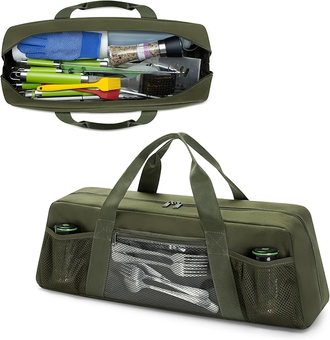 HODRANT Grill Tool Storage Bag, Outdoor BBQ Utensil Holder for Barbecue Tool up to 22", Large Grill Utensil Storage Caddy with Pockets, BBQ Accessories Case Container for Camping, Bag Only, Green