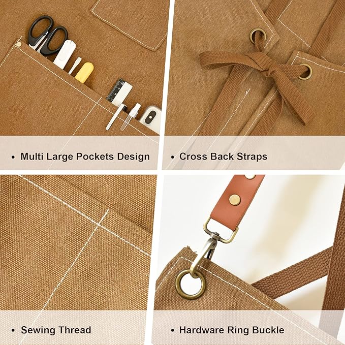 OUNLEN Chef Apron for Men Women Canvas Aprons with 3 Pockets Cross Back Resistant Work Apron for Cooking
