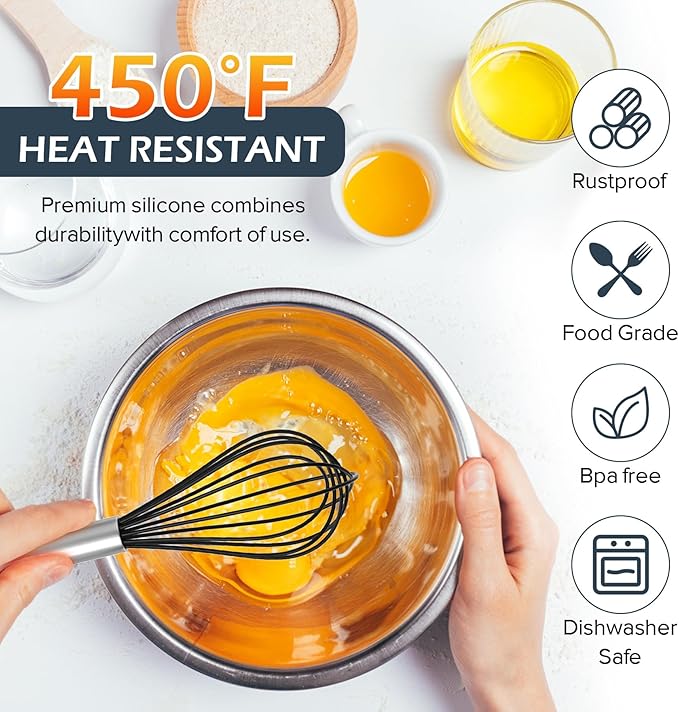 Silicone Whisk, Stainless Steel Wire Whisk Set - 3 PCS Rubber Whisks for Cooking, Non-stick Cookware, Kitchen, Balloon Egg Beater Perfect for Blending, Whisking, Black