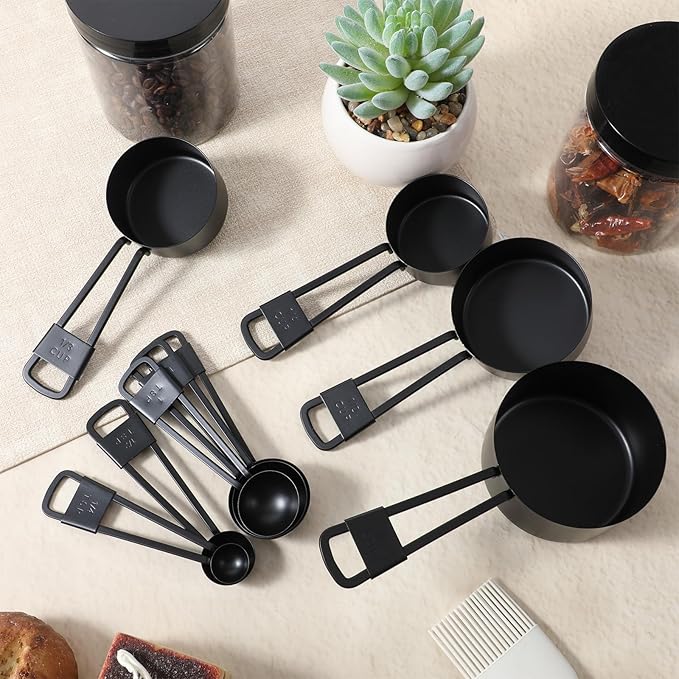 9 PCS Black Stainless Steel Measuring Cups and Spoons Set, Nesting Metal Measuring Cup with Ring Connector for Liquid and Dry Ingredients, Cooking and Baking (Black)