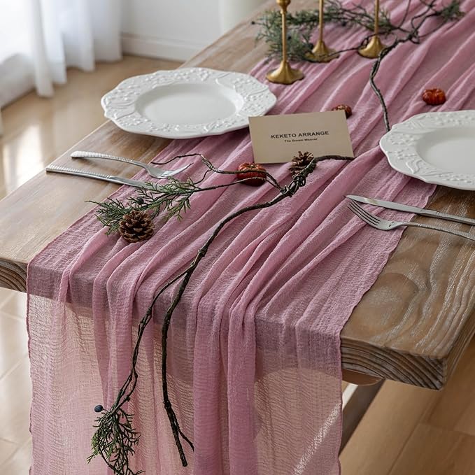 Keketoarrange 6pcs Cheesecloth Table Runner Dusty Rose Gauze 120 Inch 10 FT Rustic Boho Cheese Cloth Runner for Wedding Baby Shower Bridal Shower Party Long Sheer Centerpiece Fall Home Decoration