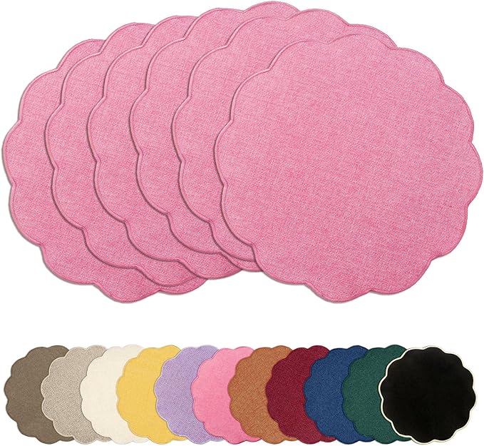AHHFSMEI Round Faux Linen Placemats Set of 6 Heat Resistant Non-Slip Stain Proof Table Mats for Kitchen Dining Elegant Decor Place Mats (6, Pink)