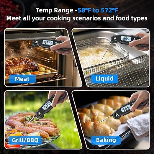 Digital Meat Thermometer – Instant Read Food Probe with Backlit, Wide Temperature Range for Turkey, Grill, BBQ, Baking & Sourdough, Black
